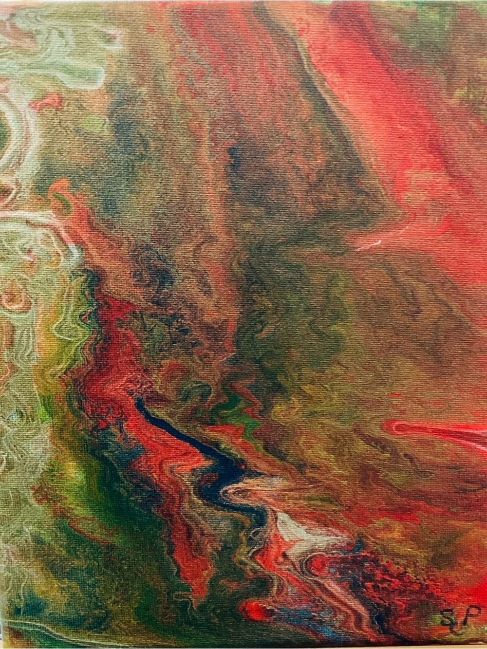 Magma - Abstract Fluid Art Canvas Print in Red, Green and Blue - handmade